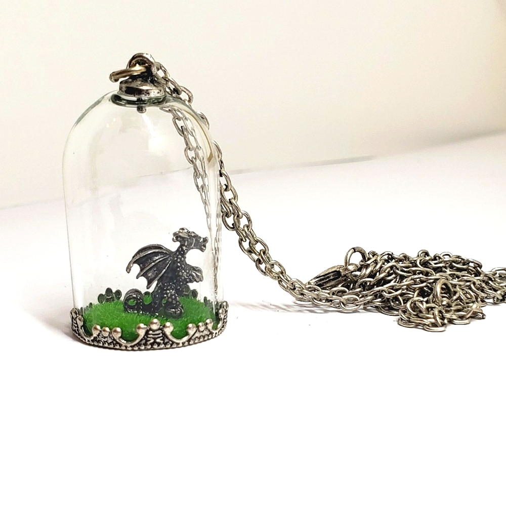 Mini Dragon in Glass Vial Pendant Necklace